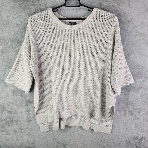 Womens Beige Express Open Knit Sweater 3/4 Sleeve Round Neck Size M/L - Picture 2 of 12